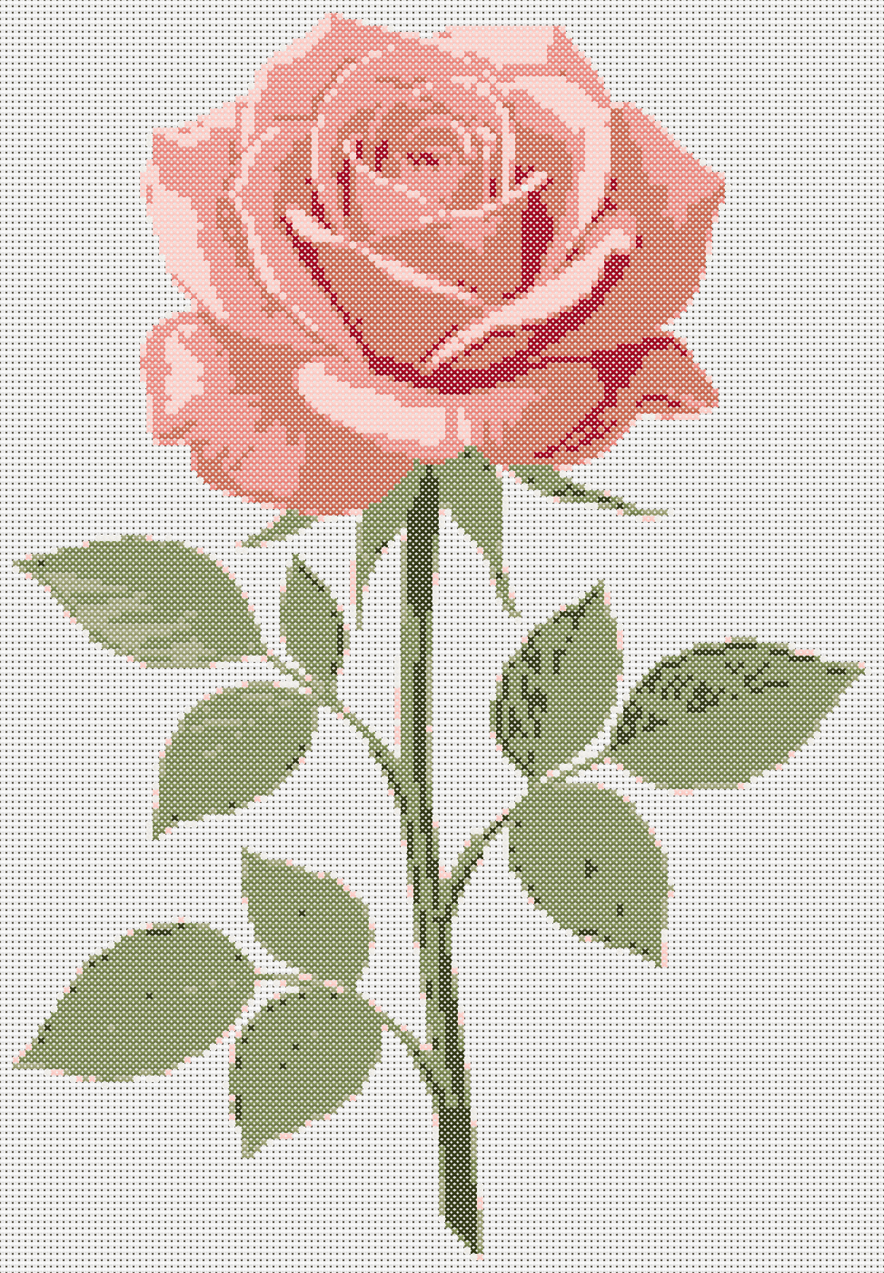 Stitched preview of a larger classic rose cross stitch pattern with a bloom, stem, and green leaves. stitched preview