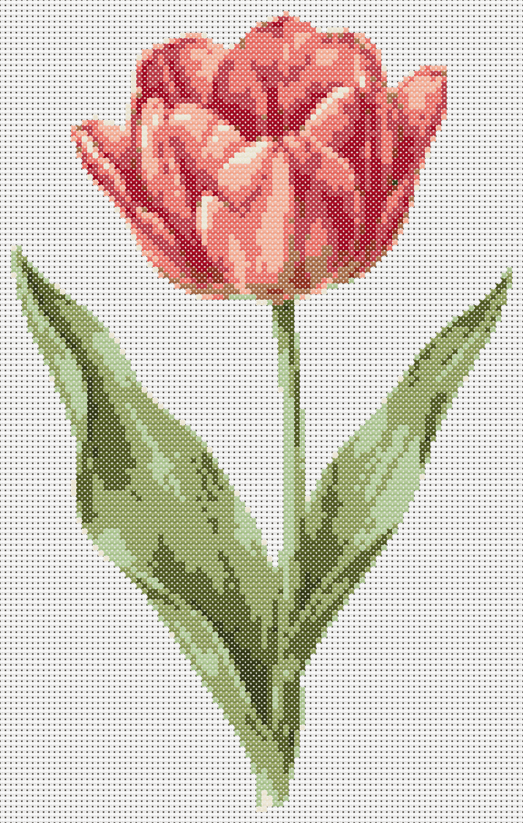 Stitched preview of a realistic red-pink botanical tulip cross stitch pattern with a long stem and two green leaves. stitched preview