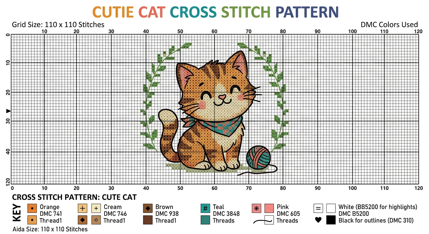AI-generated cute cat cross stitch chart with yarn ball and wreath border - looks like a real pattern at a glance but has non-existent DMC thread codes, a contradictory colour key and no actual symbol grid underneath.