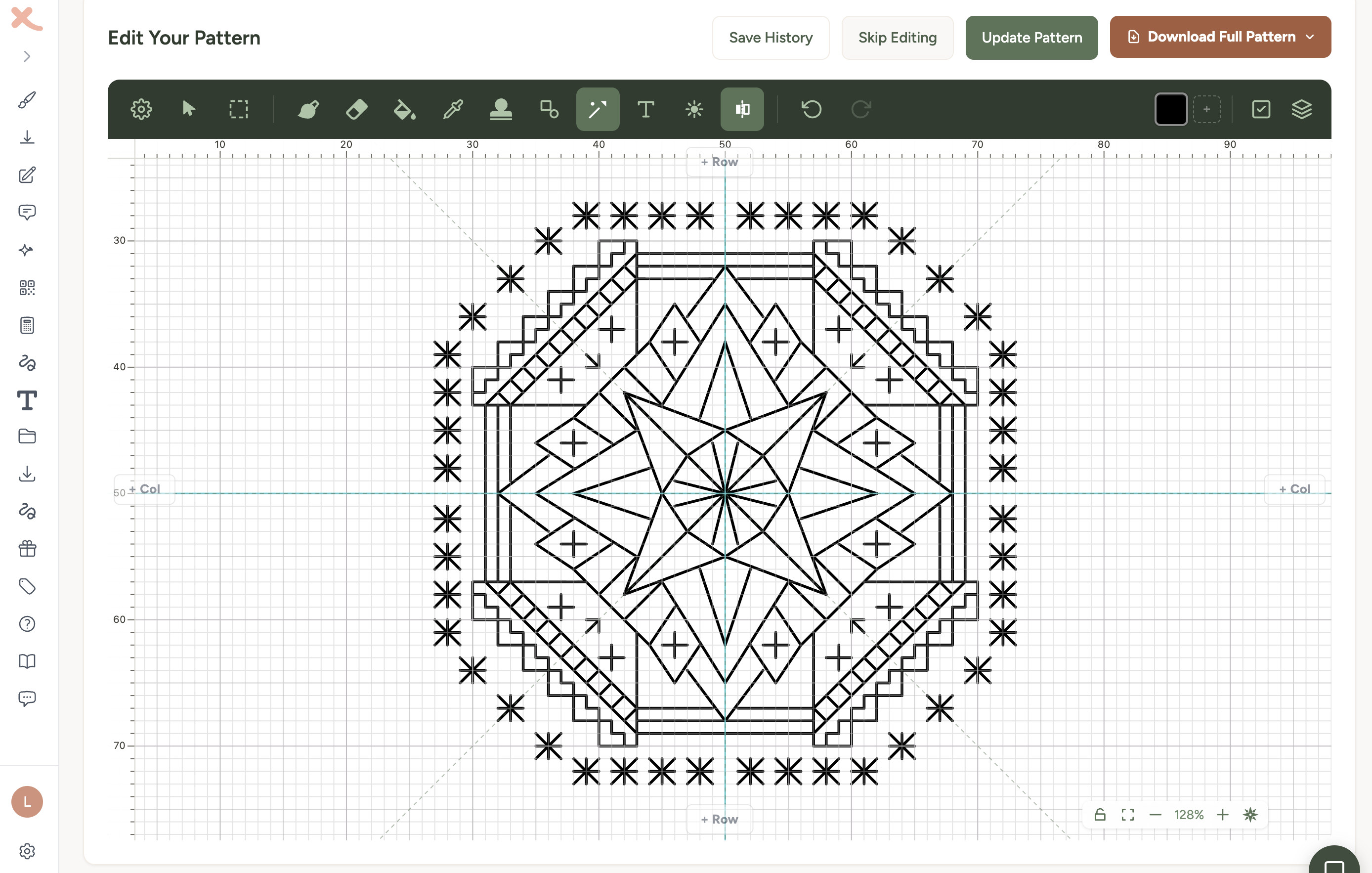 A symmetrical blackwork mandala chart in the Xstitchify editor - stepped octagonal borders frame a central star, with small repeated cross and star fills decorating the surrounding bands on a counted grid.