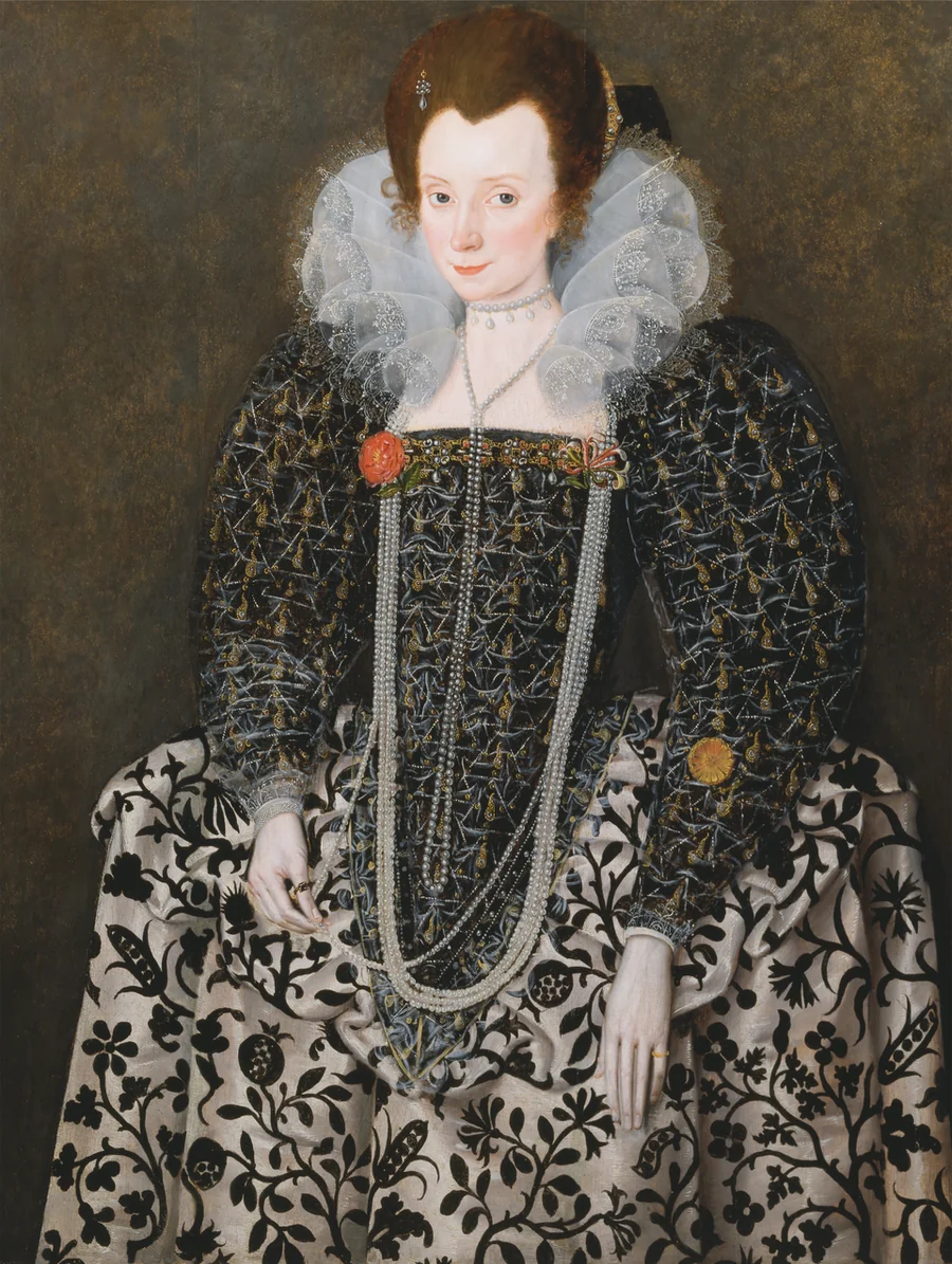 Portrait of a Tudor noblewoman wearing a petticoat heavily embroidered with blackwork linework in geometric repeated patterns, attributed to Robert Peake the Elder around 1592