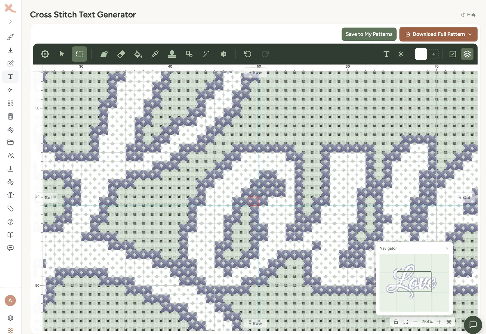 Script cross stitch alphabet lettering pattern open in the Xstitchify editor