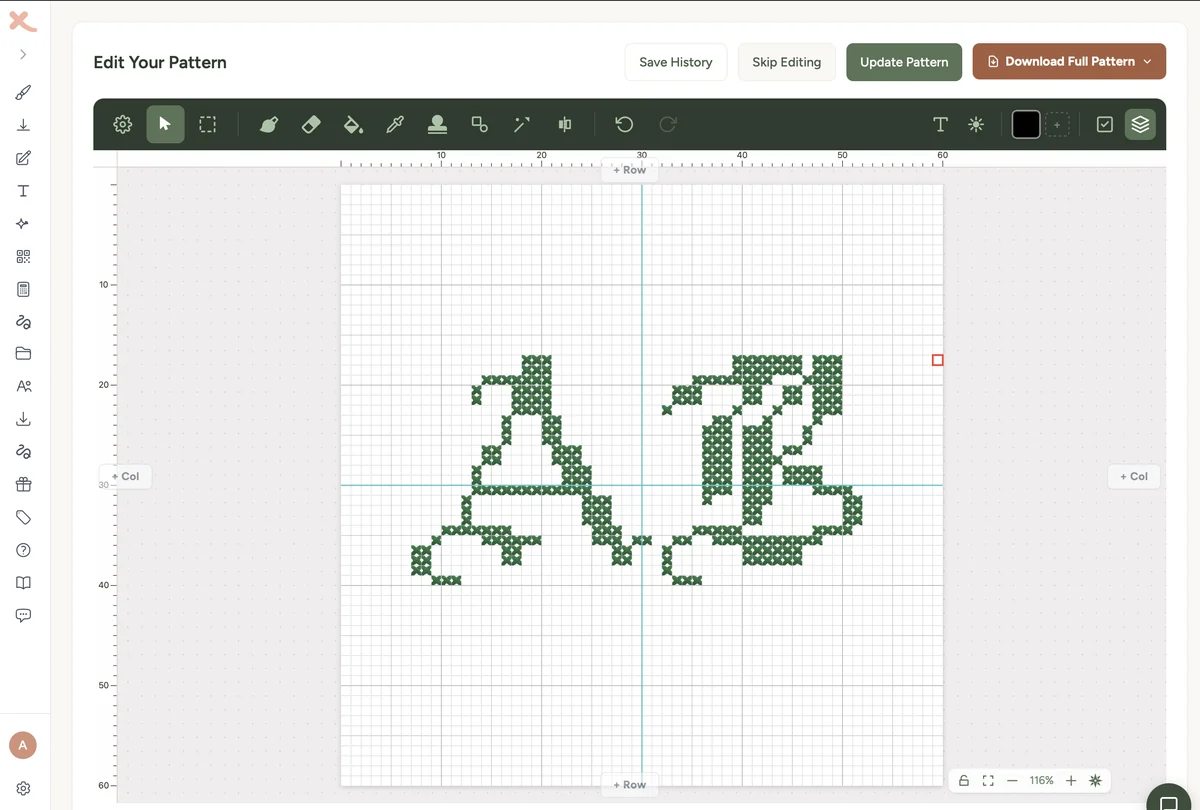 An initial-pair cross stitch monogram inside the Xstitchify pattern editor - the letters A and B side by side in a flourished calligraphy style, stitched in dark green thread on a counted grid