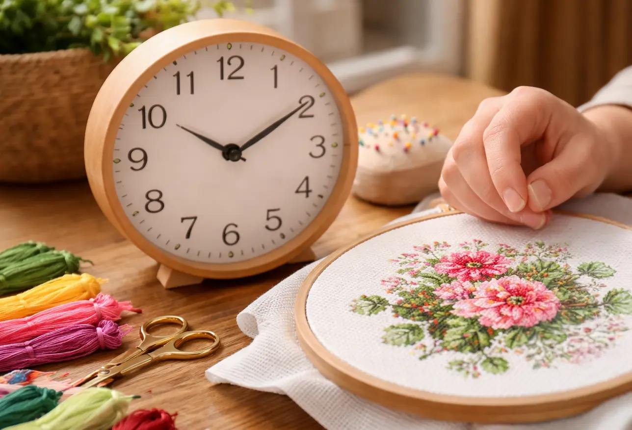 Cross stitch hoop with pink floral pattern beside a clock and embroidery threads