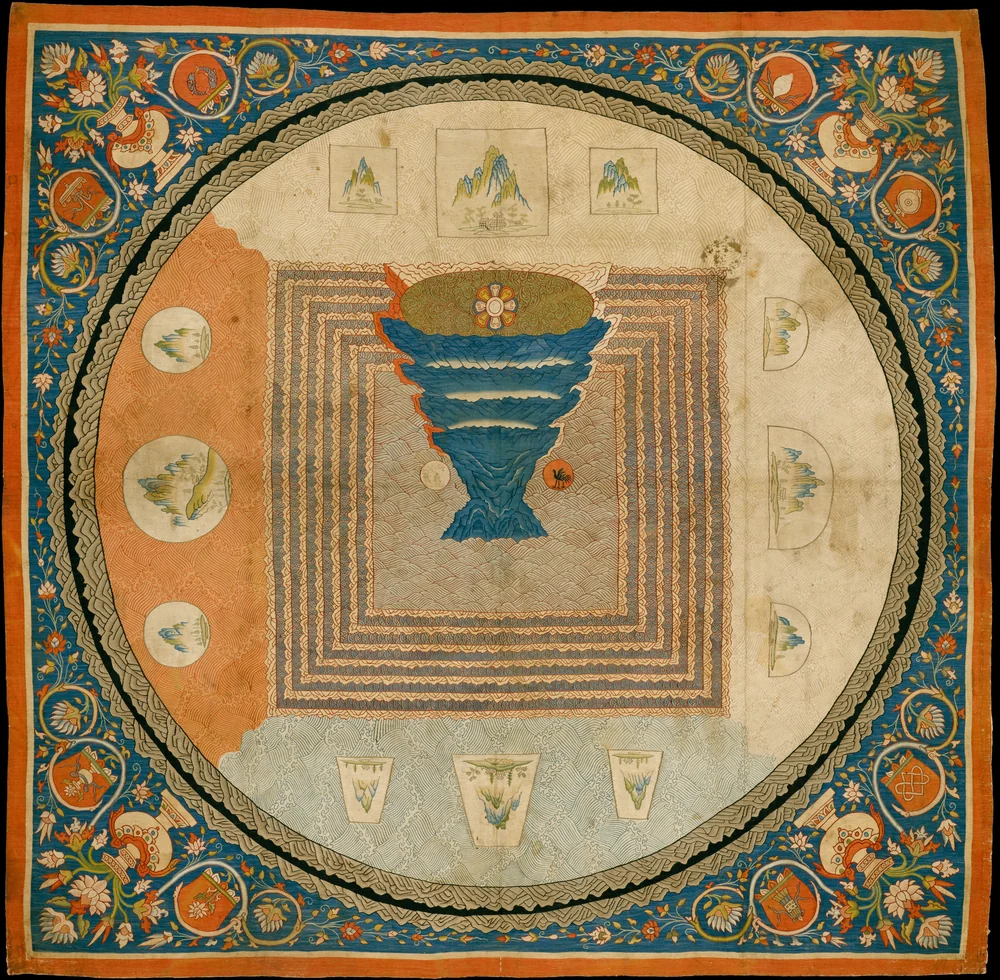 Yuan dynasty Chinese cosmological mandala silk tapestry showing nested circles and squares with Mount Meru at the centre, surrounded by symmetrical rings of imagery on a counted woven grid