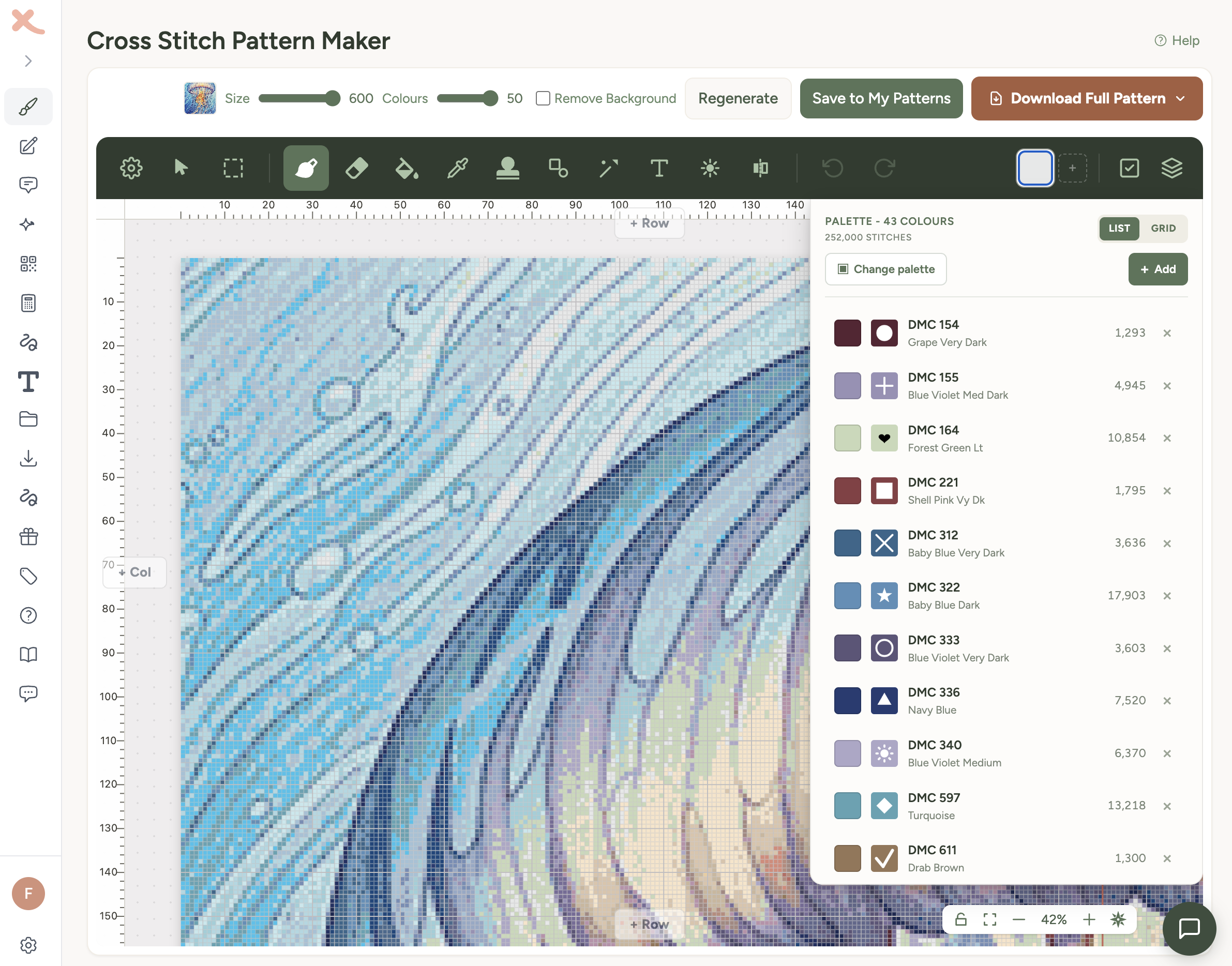 Cross stitch pattern maker showing a jellyfish design with 30 DMC colours