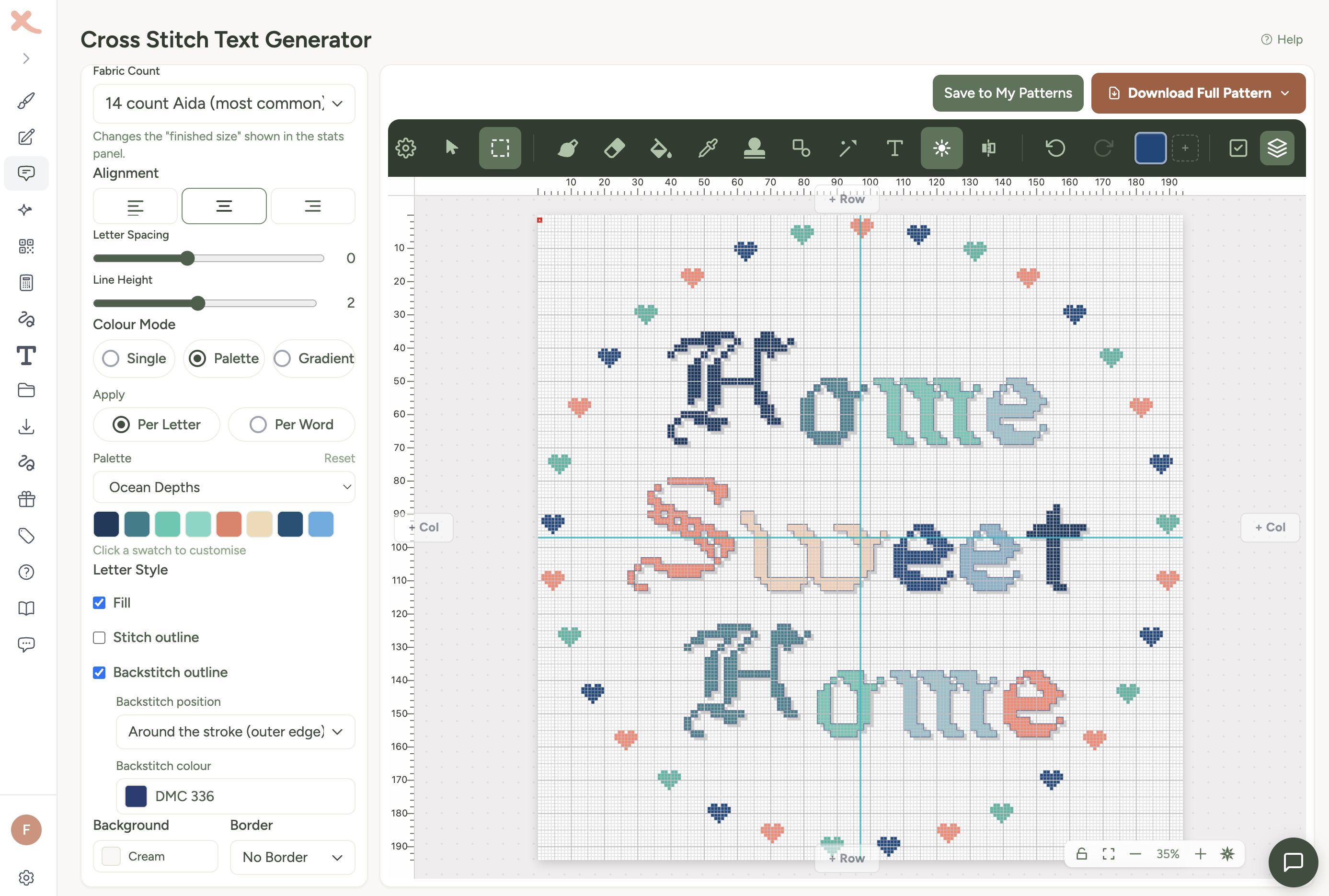 Cross stitch text generator showing Home Sweet Home in calligraphy font