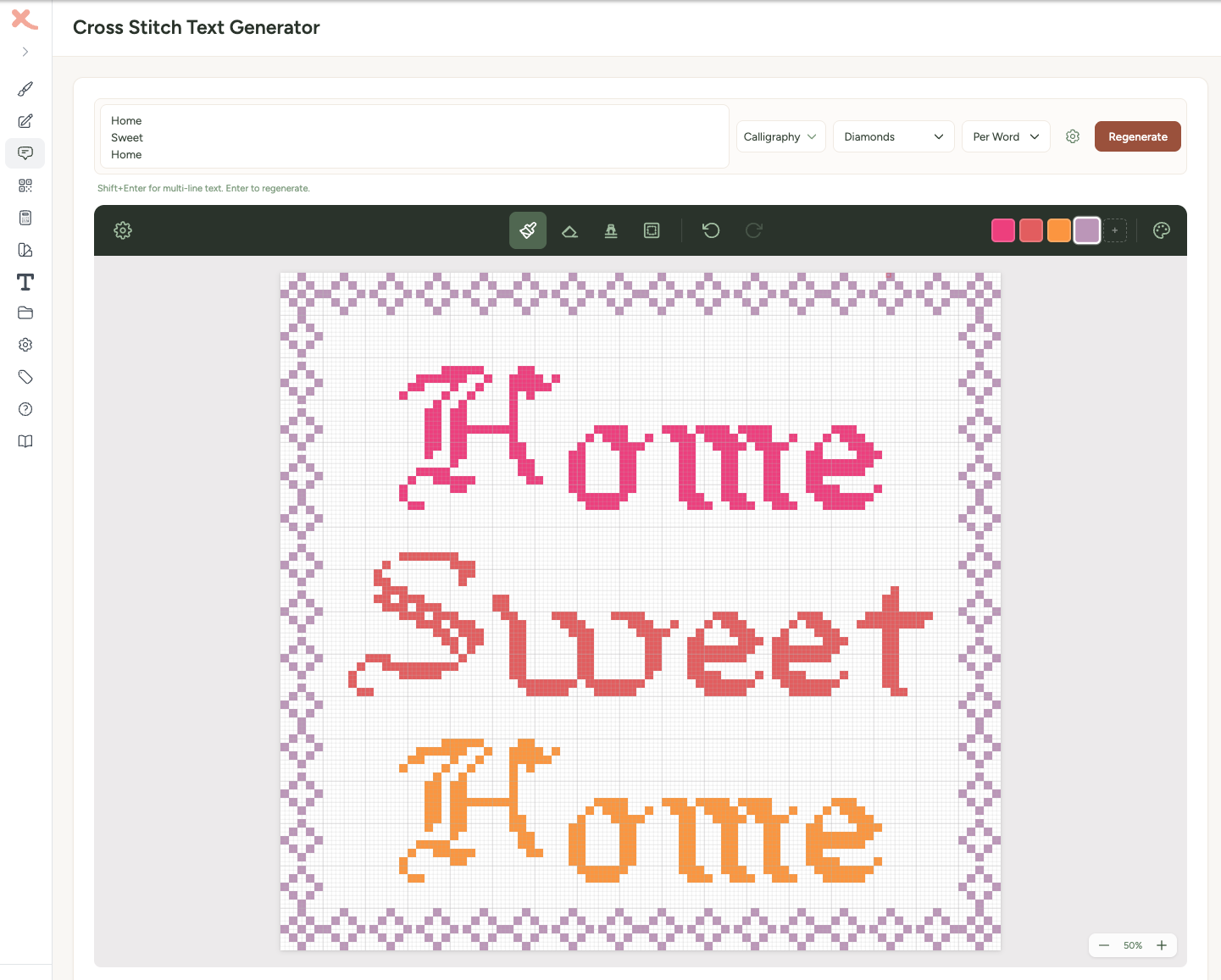 Text generator showing Home Sweet Home in calligraphy font with diamonds border