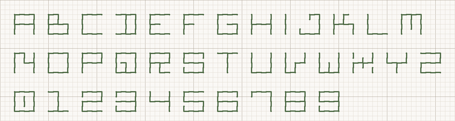 Backstitch Modern cross stitch alphabet chart: A to Z and 0 to 9, each letter 5 stitches tall