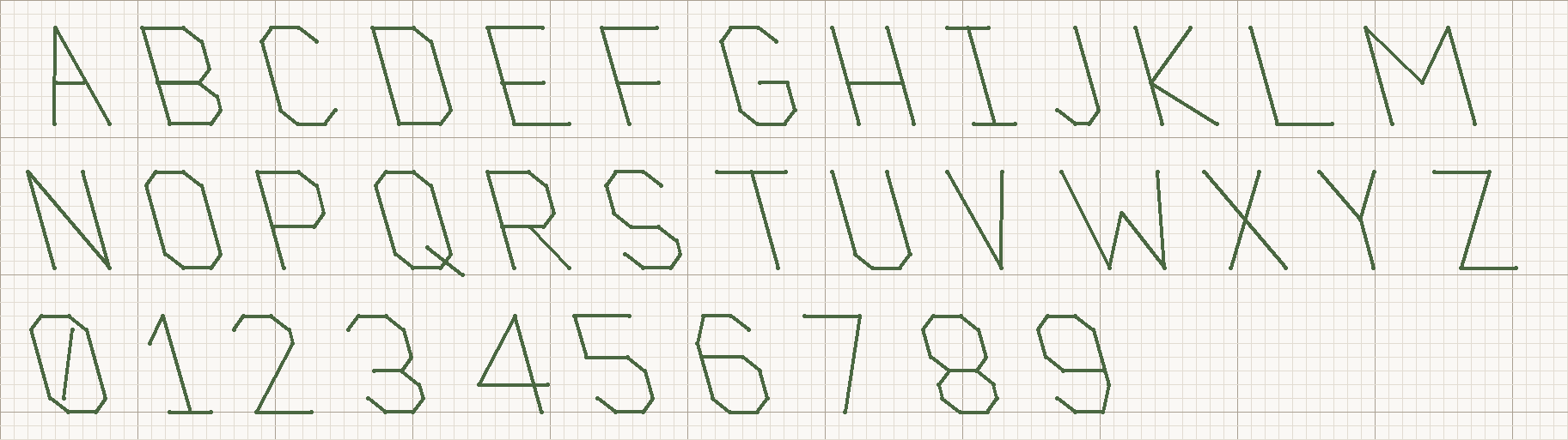 Backstitch Italic Caps cross stitch alphabet chart: A to Z and 0 to 9, each letter 7 stitches tall