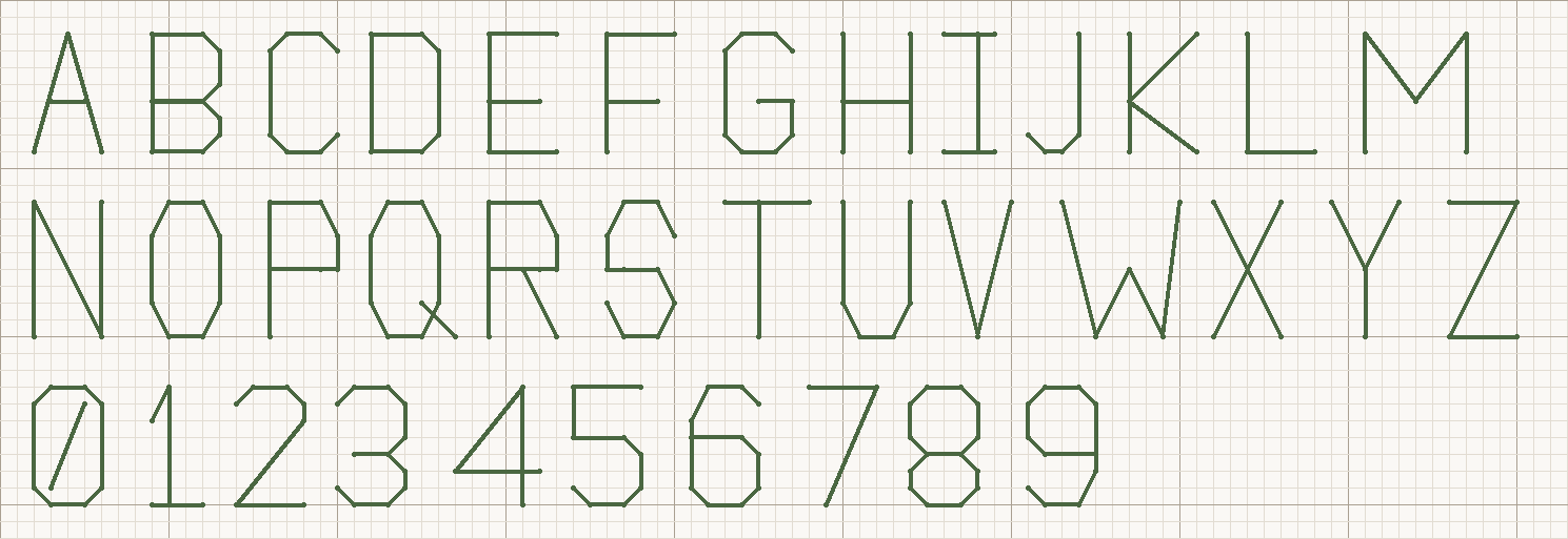 Backstitch Simple cross stitch alphabet chart: A to Z and 0 to 9, each letter 7 stitches tall