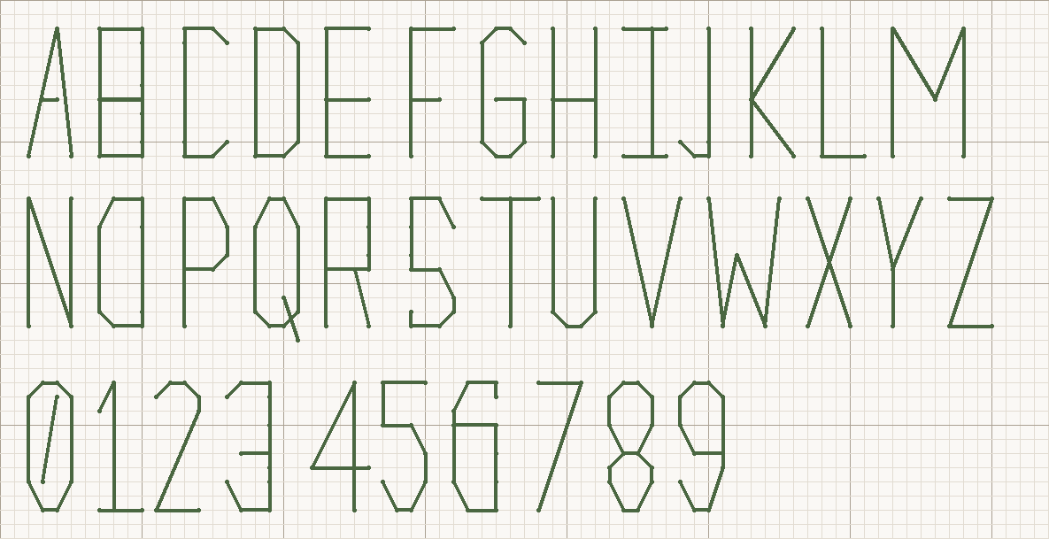 Backstitch Tall cross stitch alphabet chart: A to Z and 0 to 9, each letter 9 stitches tall