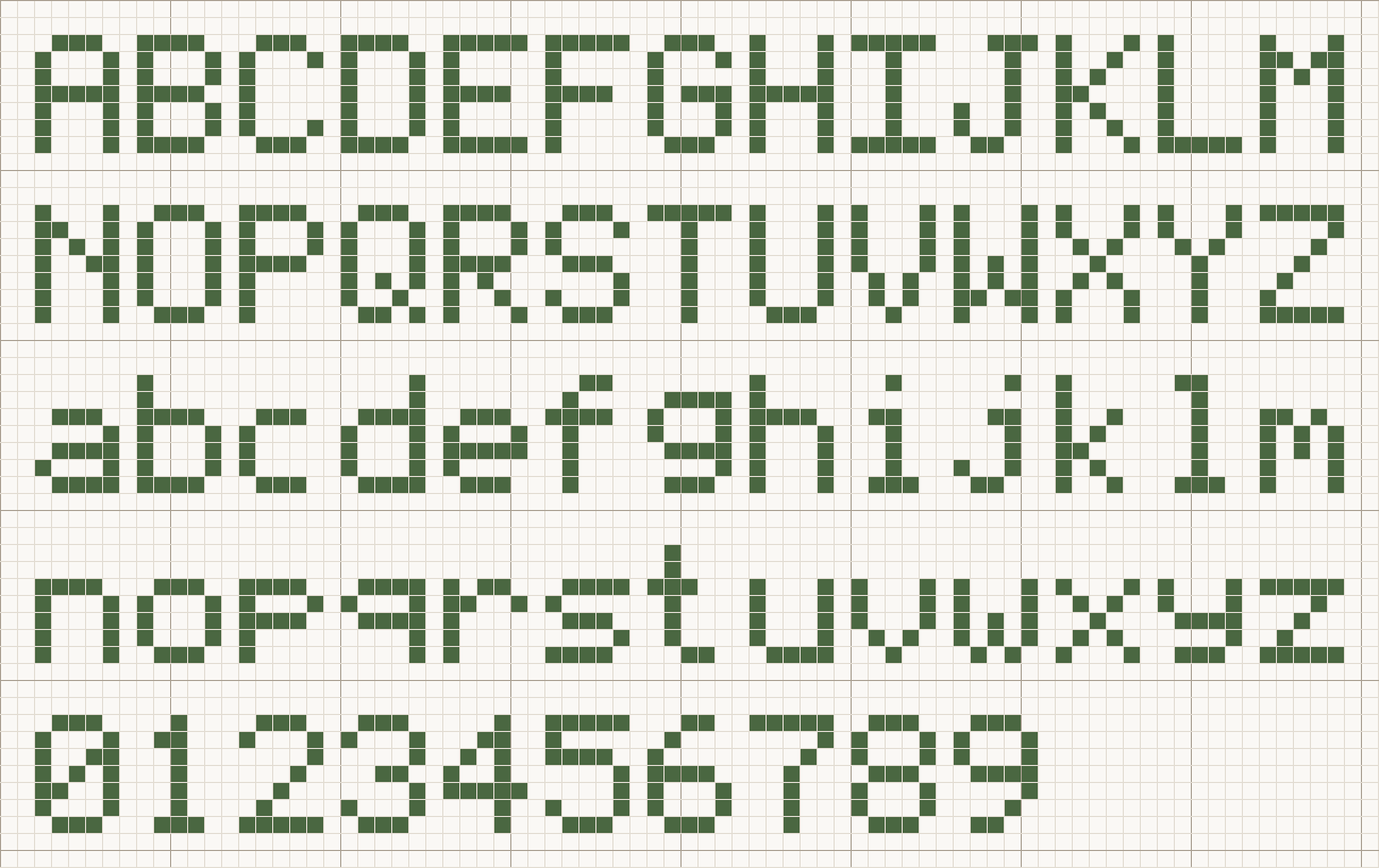 Block cross stitch alphabet chart: A to Z, a to z and 0 to 9, each letter 7 stitches tall
