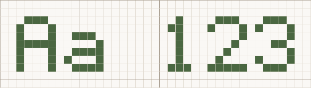 Block cross stitch letters at the Small size, 7 stitches tall