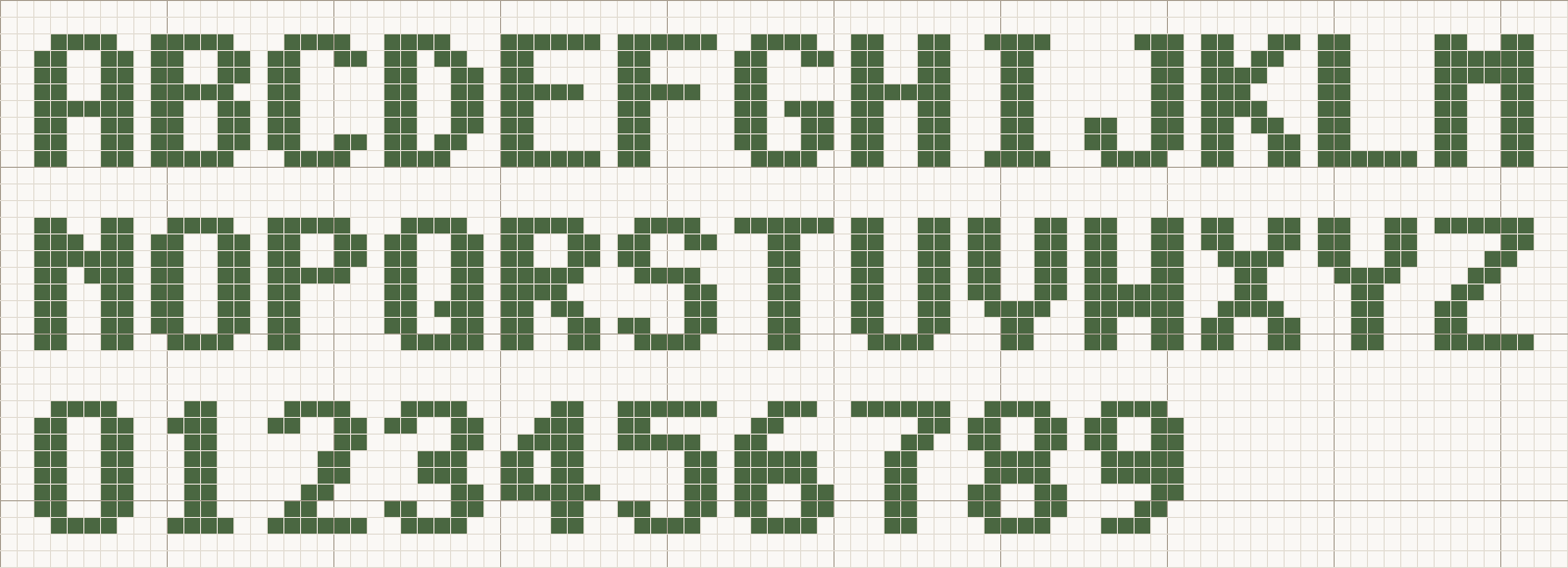 Serif cross stitch alphabet chart: A to Z and 0 to 9, each letter 8 stitches tall