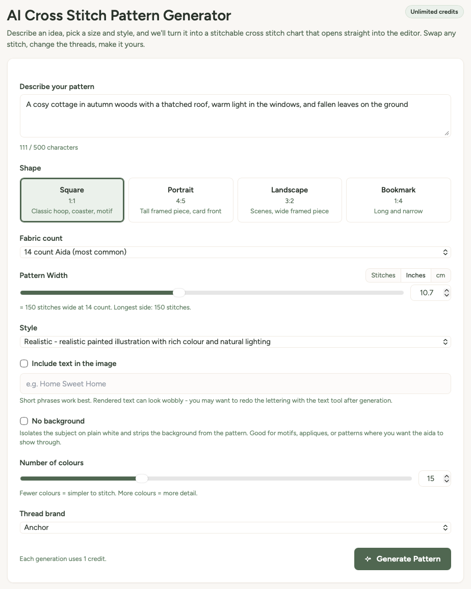 AI Generator page showing the description textarea with an example prompt and settings