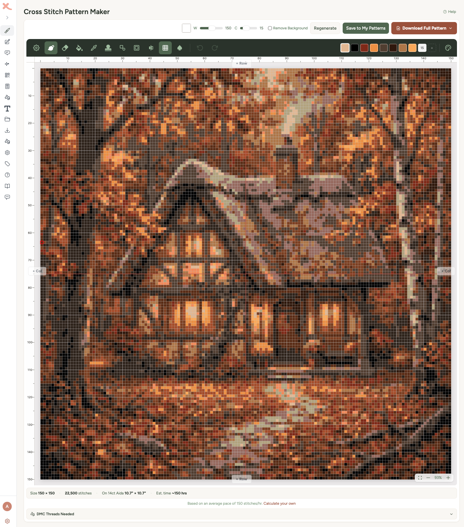 A real AI-generated cross stitch chart produced by Xstitchify - an autumn cottage scene rendered as tens of thousands of whole stitches in the pattern editor, with DMC thread count, stitch count and finished size visible.