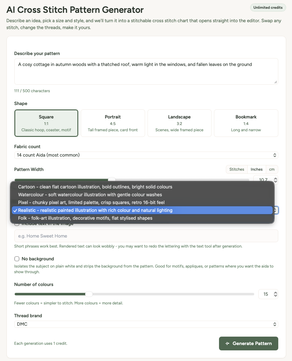AI Generator settings showing shape selector, width slider, style dropdown, colour count, and thread brand