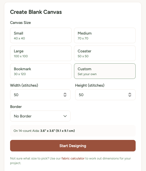 The Designer setup page showing canvas size presets including Small, Medium, Large, Coaster, Bookmark, and Custom, with width and height inputs, border selector, and Start Designing button