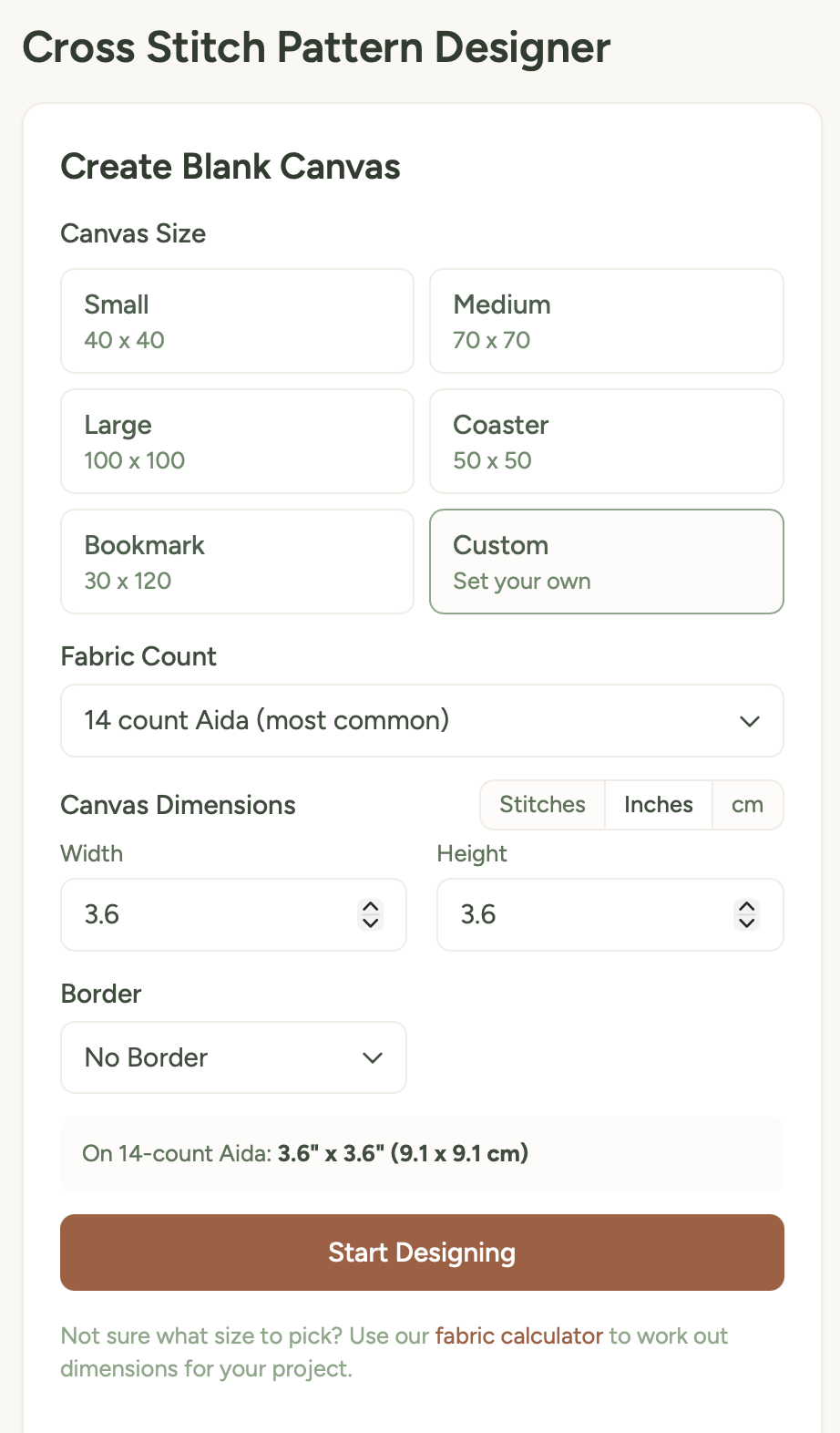 Designer setup page showing canvas presets, fabric count, unit toggle, and border selector