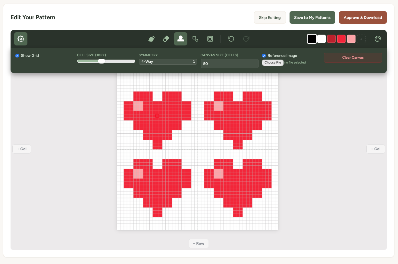 The Designer editor with 4-way symmetry enabled, showing a heart pattern mirrored across both axes on a pixel grid with the toolbar and colour swatches