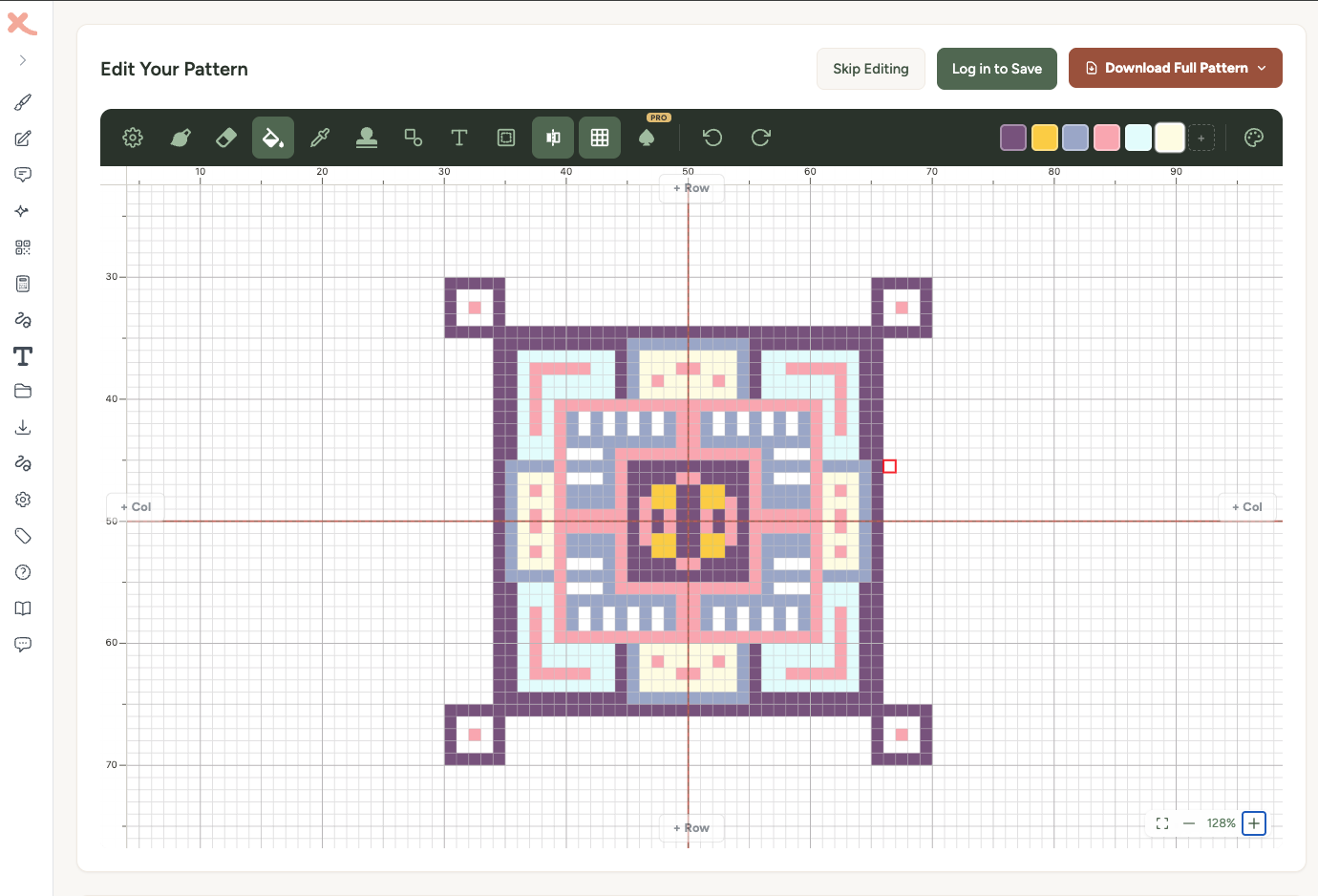 A symmetrical design in progress with symmetry guide lines visible on the canvas