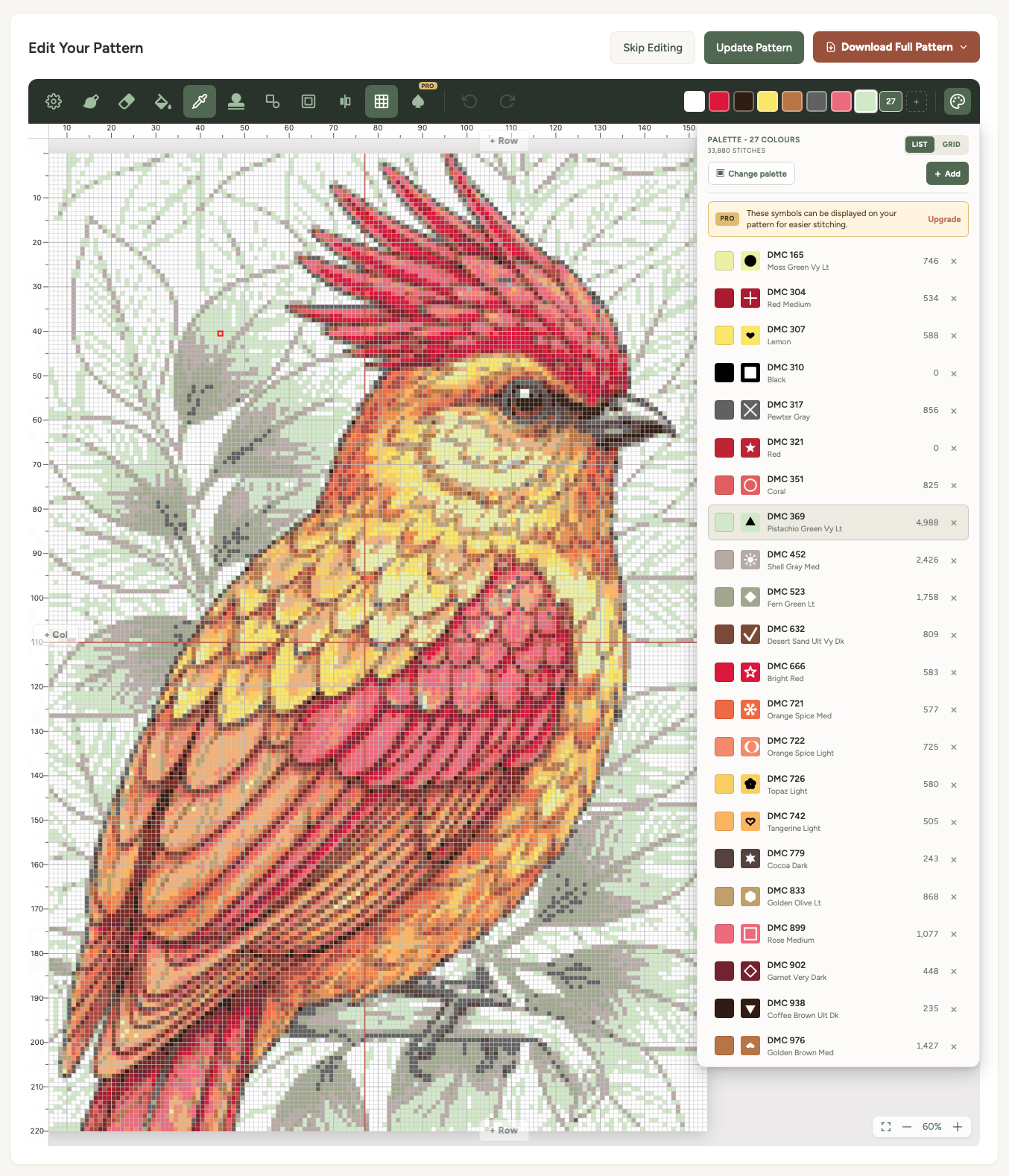 The colour picker open, showing the DMC thread colours tab with search field and colour grid