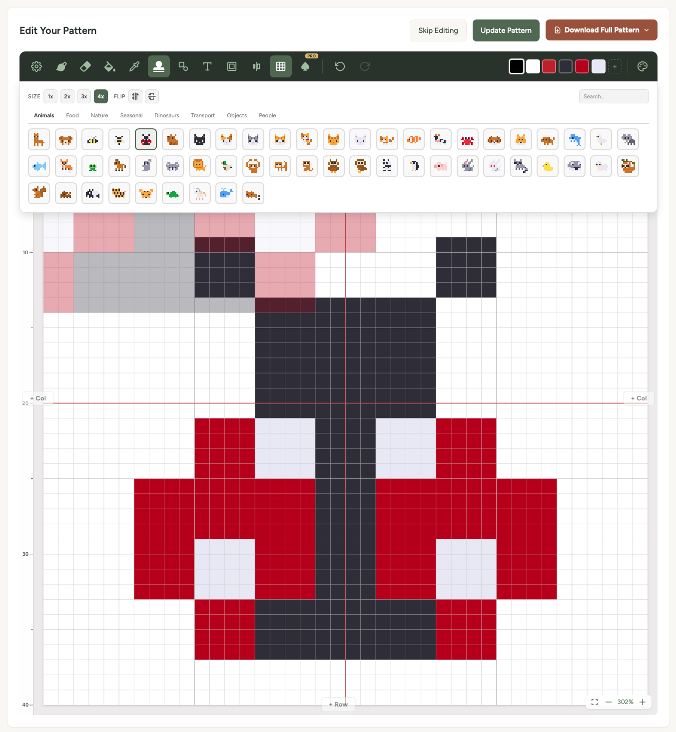 The stamp picker panel open, showing a grid of pixel art stamp icons