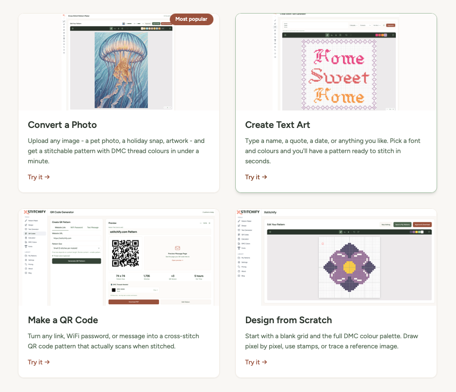 The Xstitchify homepage showing all four tools - Convert a Photo, Create Text Art, Make a QR Code, and Design from Scratch