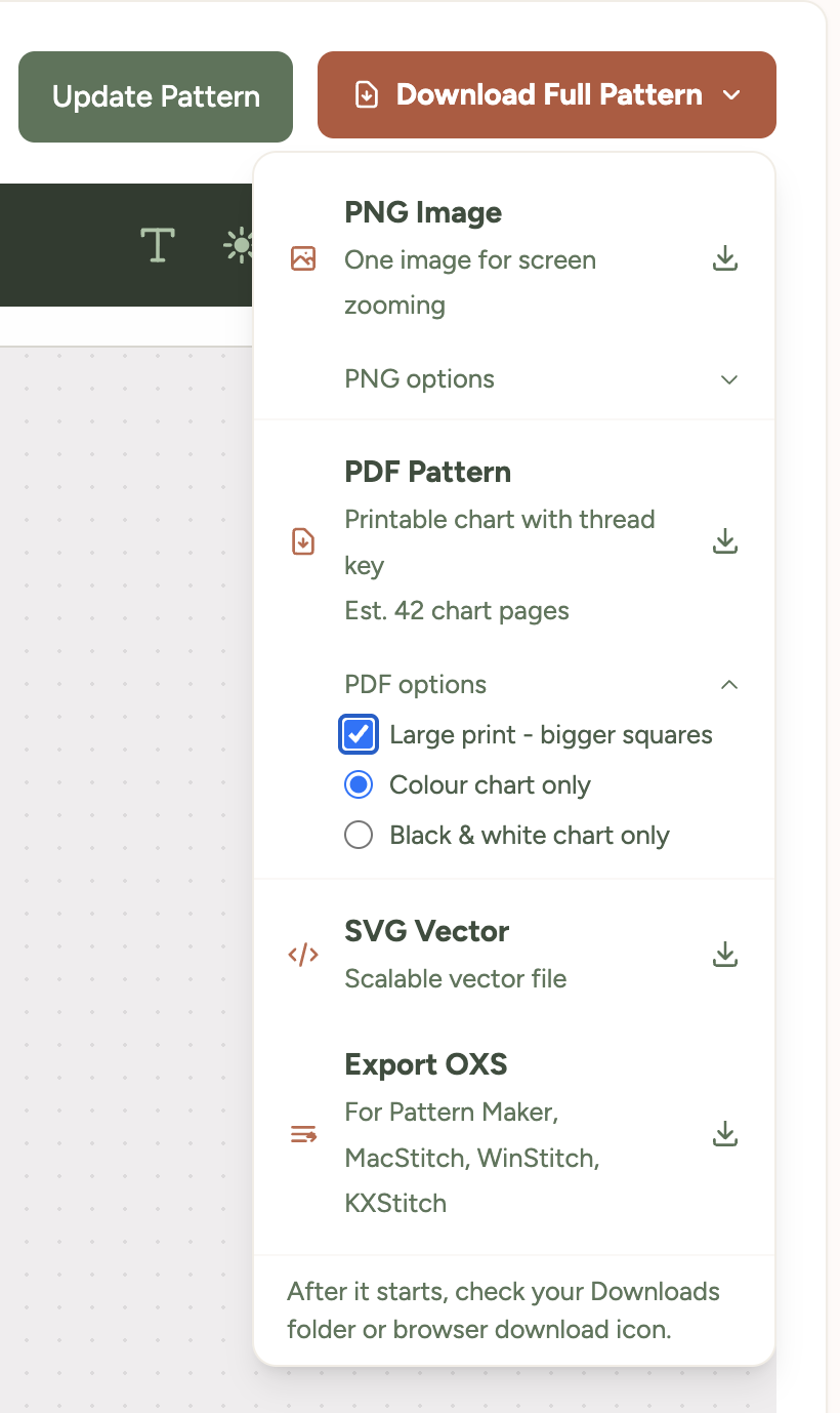 Xstitchify download options showing the Large print PDF checkbox and PDF download button