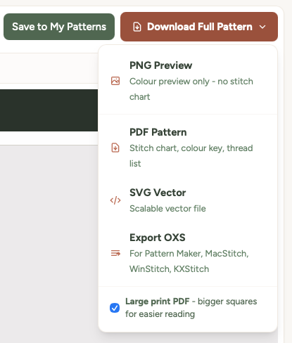 Download Full Pattern dropdown menu with the Large print PDF option ticked at the bottom