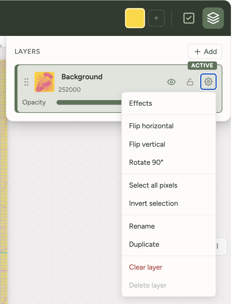 A single layer expanded in the layers panel, showing the opacity slider, visibility and lock toggles, and the settings menu with rename, duplicate, flip, rotate and other options