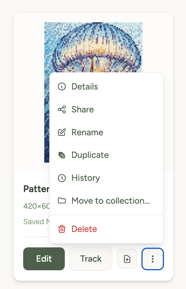 A pattern card showing the menu with Edit, Share, Rename, Move to Collection, and Delete options