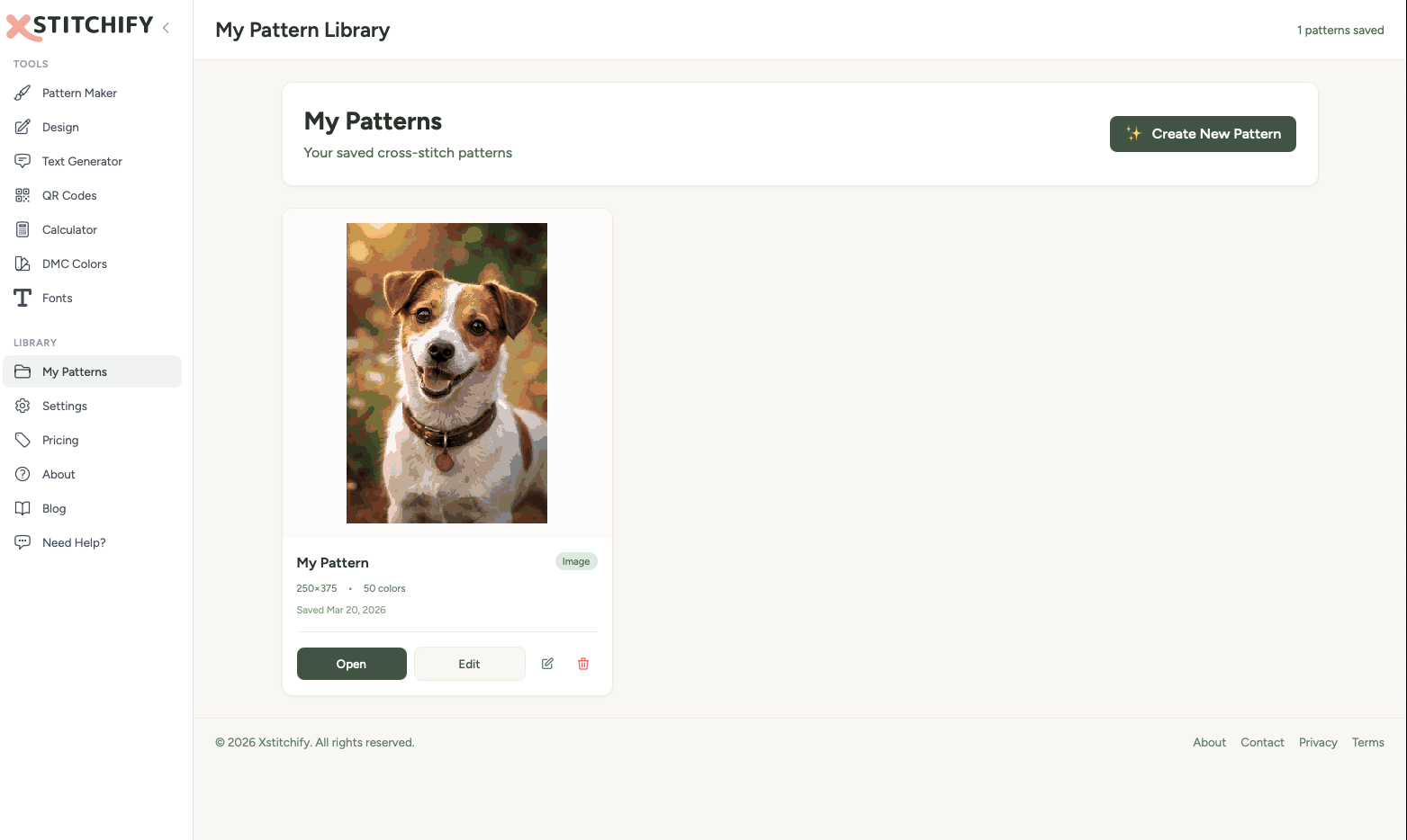 The Pattern Library showing a saved dog portrait pattern with Open, Edit, rename, and delete buttons, pattern size and colour count, and a Create New Pattern button