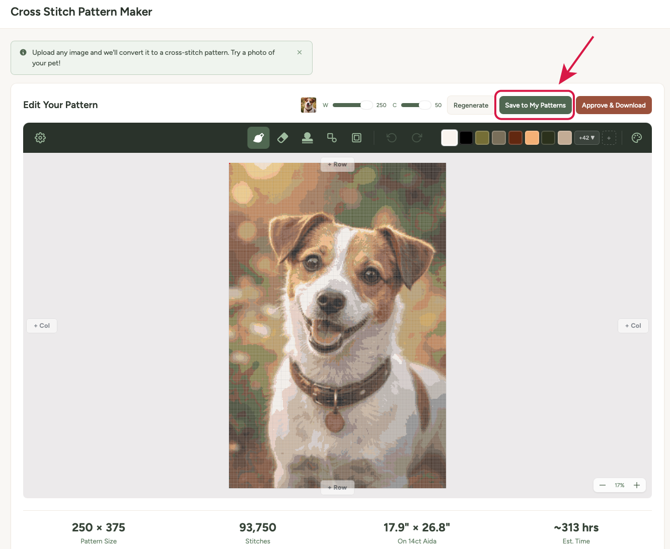 The Pattern Maker showing a dog portrait pattern with the Save to My Patterns button highlighted, alongside the Approve and Download button
