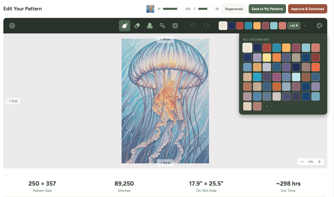 A generated jellyfish pattern in the editor showing the full colour palette dropdown with 50 DMC thread colours, pattern stats, and save and download buttons