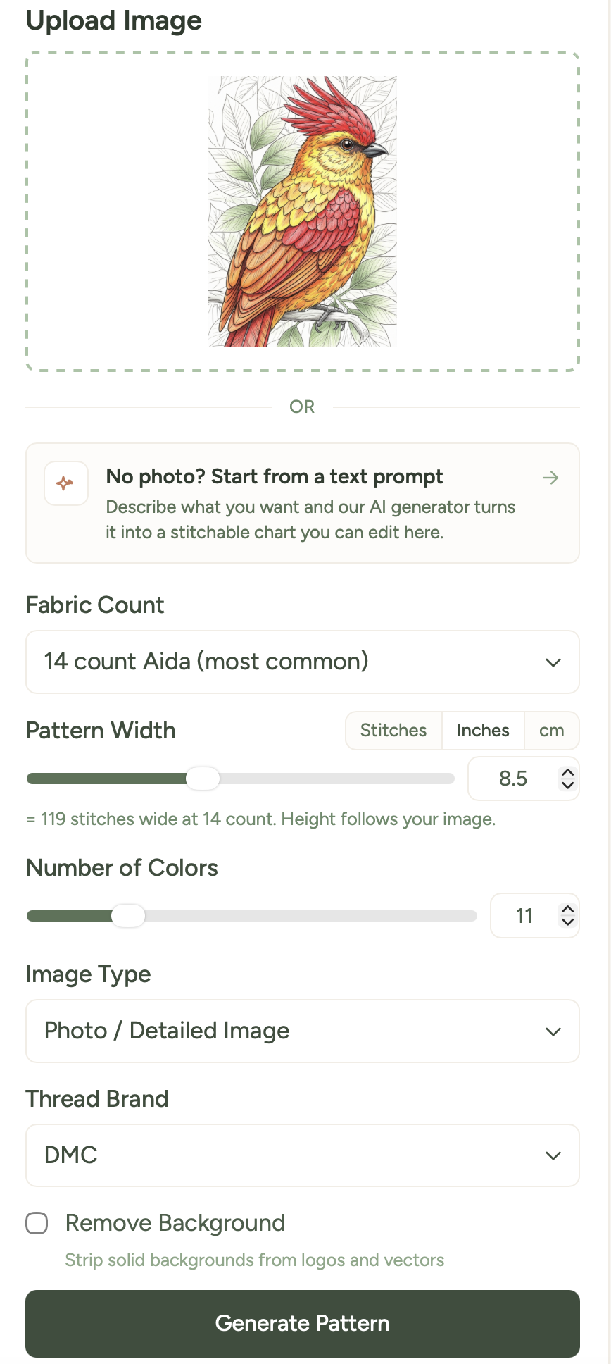 Pattern Maker page with an image loaded, showing the upload area and settings panel