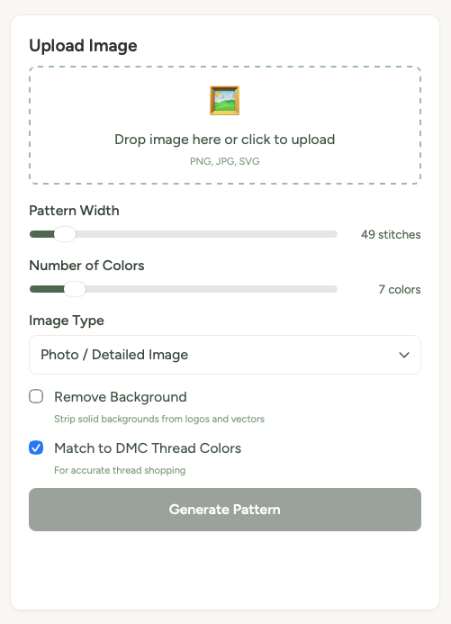 The Pattern Maker upload area showing drag-and-drop zone, pattern width and colour count sliders, image type selector, and Generate Pattern button