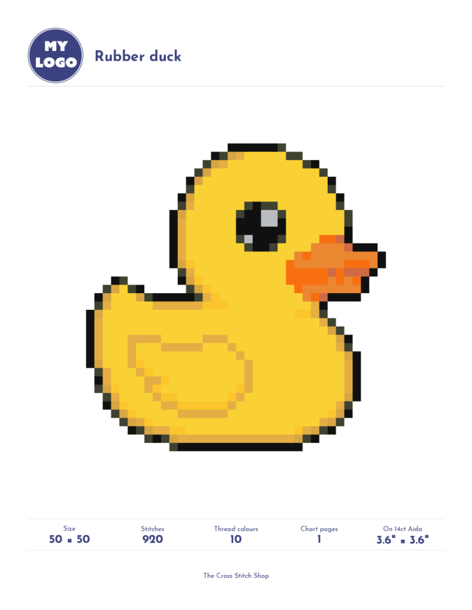 Rubber duck pattern cover with a blue My Logo badge, purple headings and The Cross Stitch Shop footer