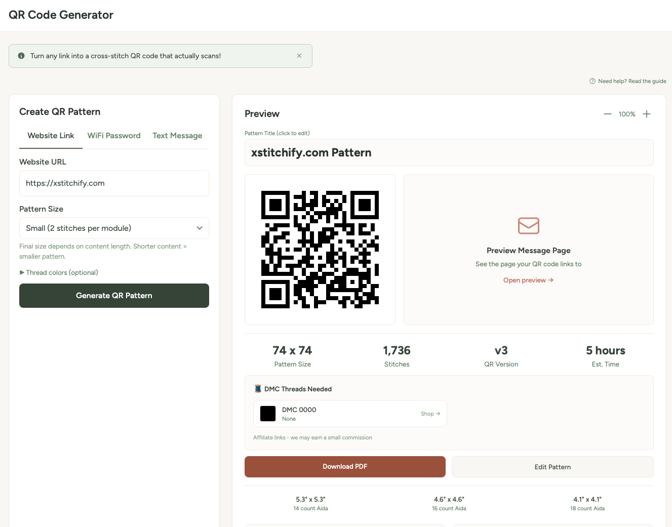 A generated QR code pattern showing the preview, stats, thread list, and download buttons