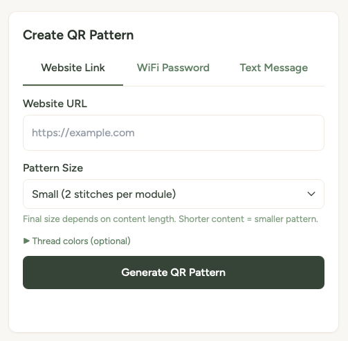 QR Generator page showing Website Link, WiFi Password, and Text Message tabs