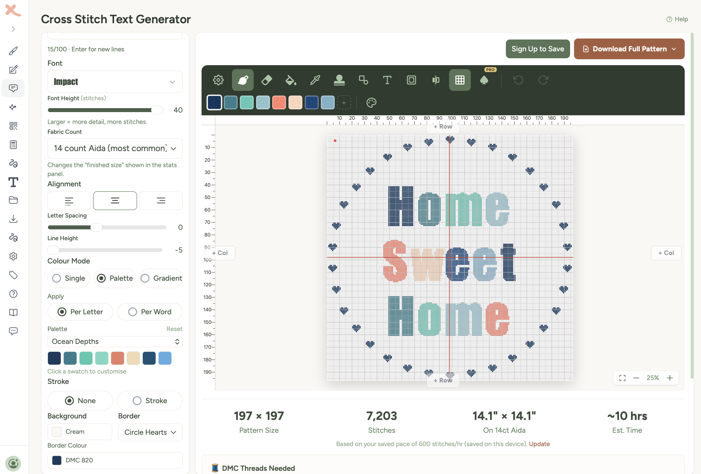 Border dropdown open showing border options, with a Hearts border applied to a text pattern