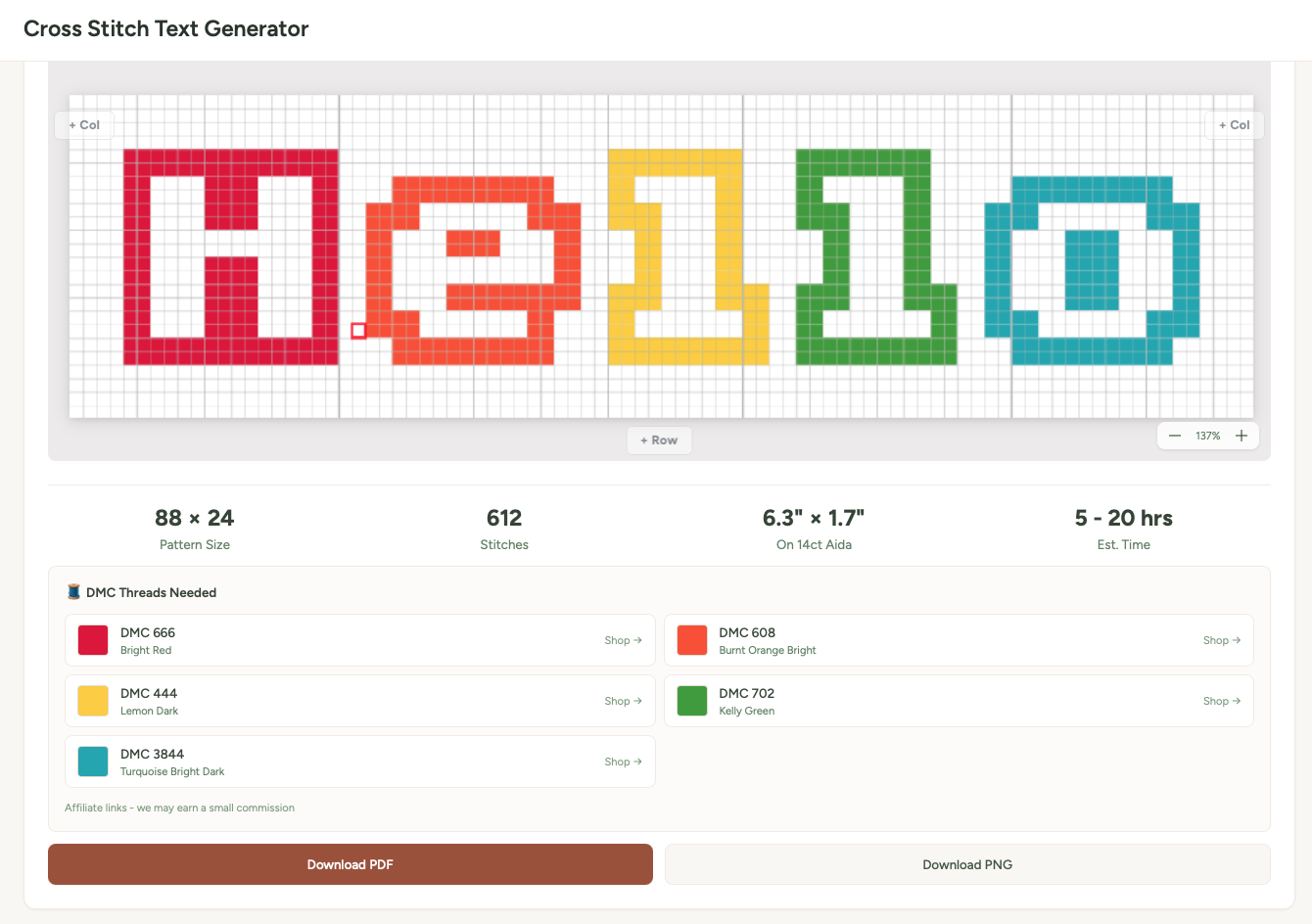 A completed rainbow gradient text pattern showing pattern stats, DMC thread list with shop links, and Download PDF and Download PNG buttons