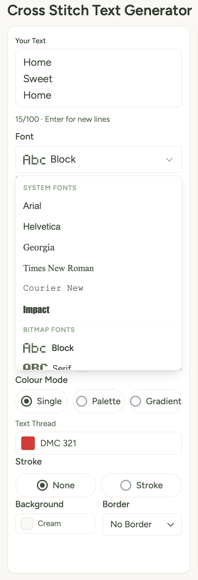 Font selector dropdown open, showing free and pro fonts with preview text