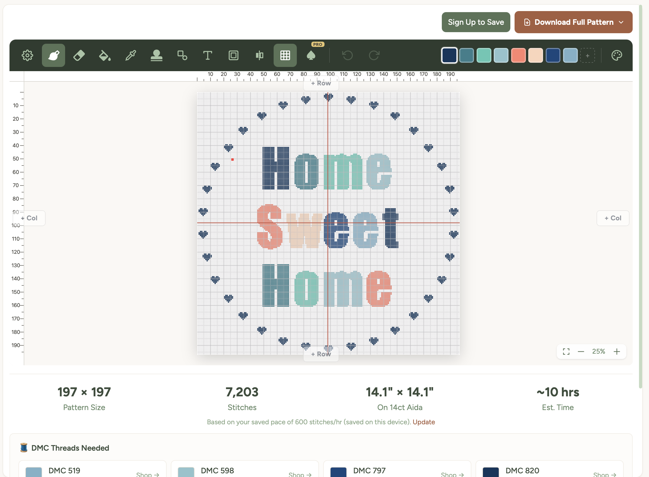 A completed text pattern with the download button and stats visible