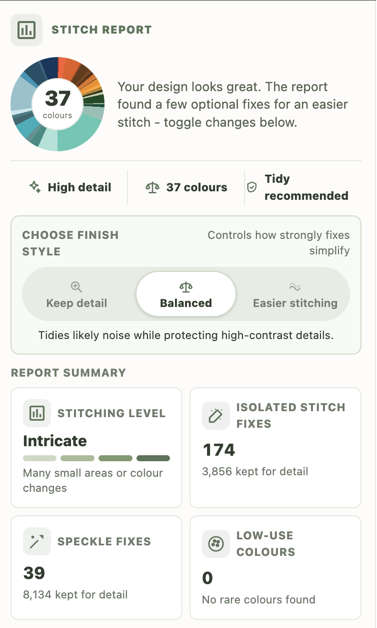 The Stitch Report panel showing stitching level, colour count, isolated stitch fixes, speckle fixes, and finish style controls