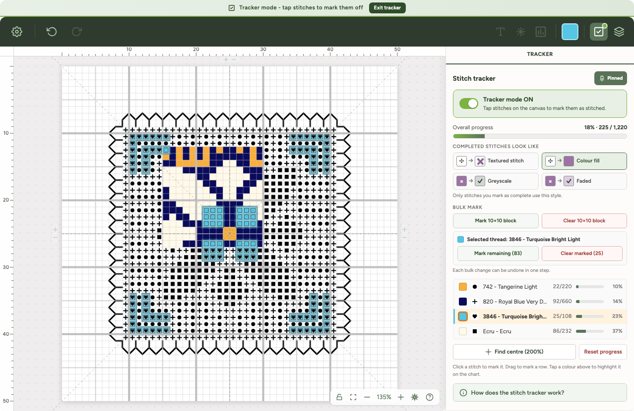 Cross stitch pattern tracker showing per-thread progress tracking with stitches marked off on the chart