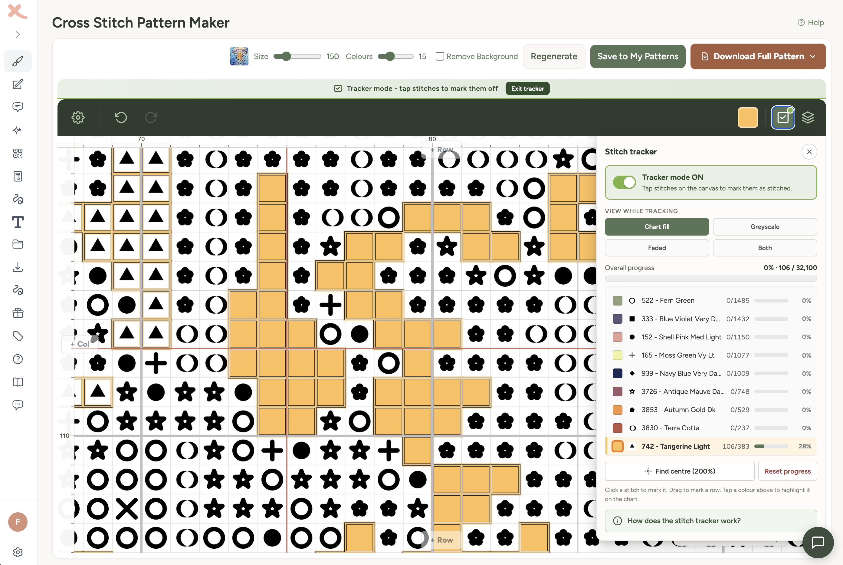 Cross stitch pattern tracker showing per-thread progress tracking with stitches marked off on the chart