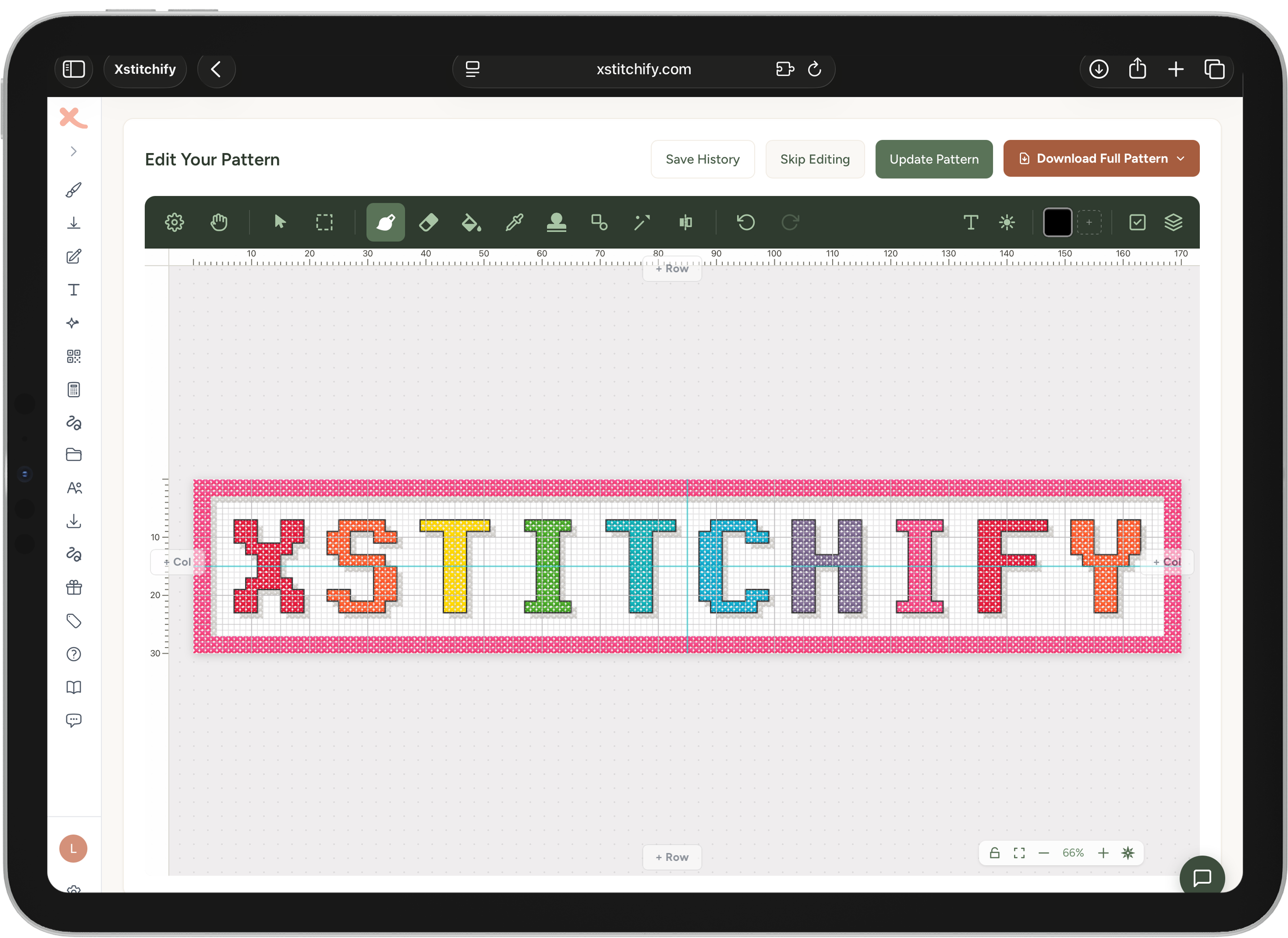 Cross stitch pattern maker showing a colourful text pattern