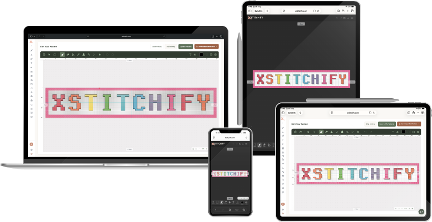 The Xstitchify cross stitch app shown on a MacBook, iPad, iPhone and Android tablet - the same colourful pattern open in the editor on all four devices